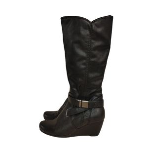 BARE TRAPS woman knee high leather wedge heel boots with buckle